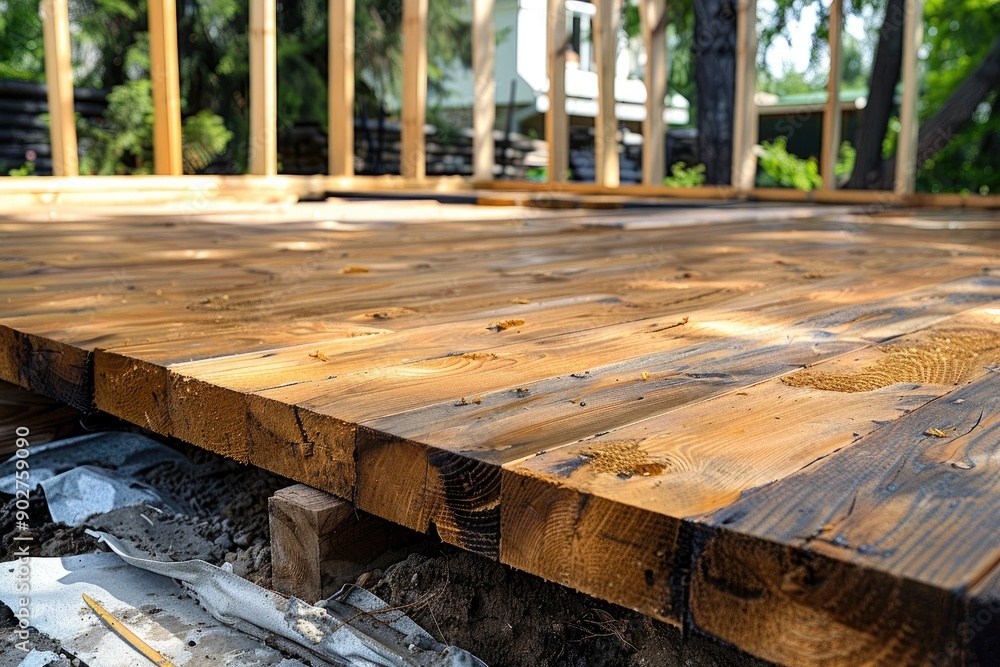 Wall mural A wooden deck is being built with a lot of attention to detail. The wood is being stained and the deck is being constructed with precision. Scene is one of hard work