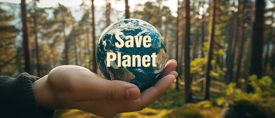 A handheld globe with the motto "Save Planet" towards a vibrant nature backdrop and considerable space for advertising, Generative AI.