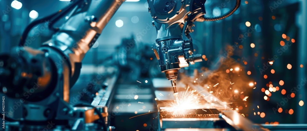 Poster focused view of a robotic arm utilizing advanced laser cutting technology, producing sparks in a low