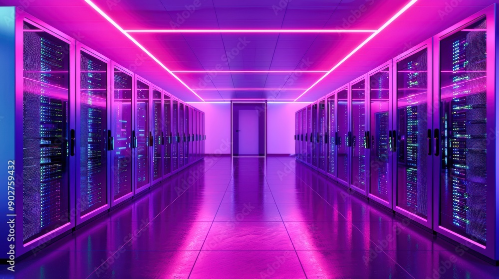 Poster futuristic data center environment with vibrant lights illuminating server racks, showcasing advance