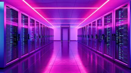 Fototapeta premium Futuristic data center environment with vibrant lights illuminating server racks, showcasing advanced technology and infrastructure