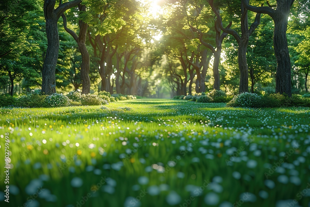 Poster a lush green field with a path through it and a few trees