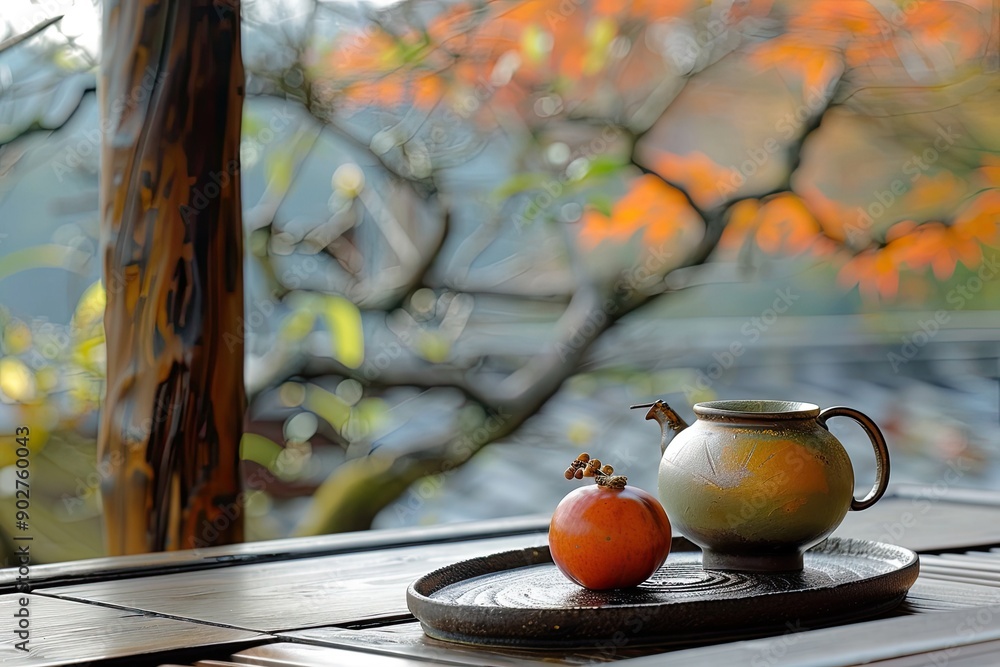 Poster a teapot and two oranges sit on a tray on a table. the oranges are placed on the tray in a way that 