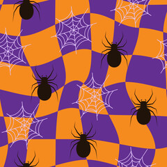 Halloween distorted checkered seamless pattern with spider and cobweb