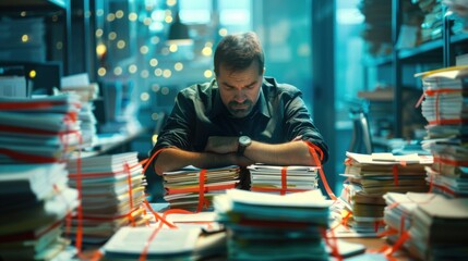 A man sitting at a desk, surrounded by stacks of paperwork and red tape wrapped around his arms and torso, looking overwhelmed and trapped in a dimly lit office