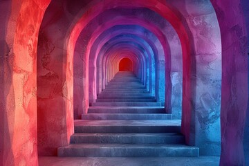 A long, narrow tunnel with red, blue, and purple walls