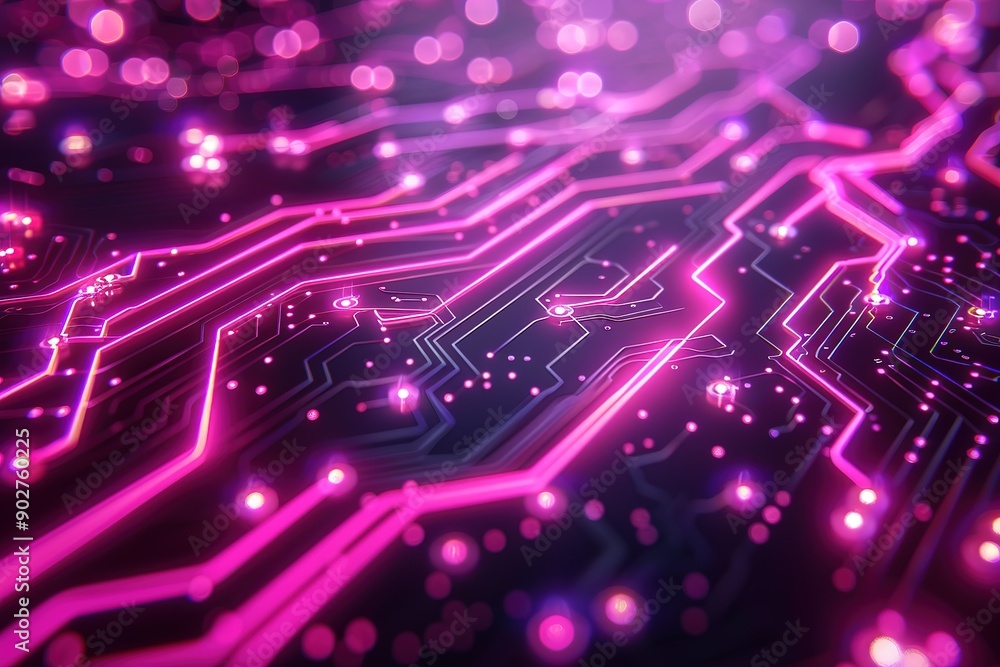 Poster a computer chip with pink lines and dots