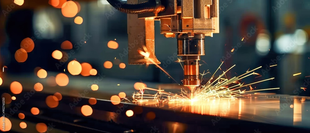 Poster robotic arm using cutting-edge laser technology, producing sparks in a dimly lit, automated smart fa