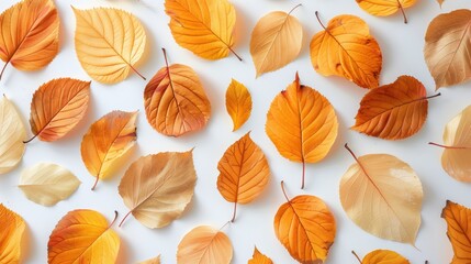 Fototapeta premium Dry Yellow and Orange Leaves on White Background Showing Autumn Foliage