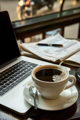 Open laptop with coffee cup and papers in cafe