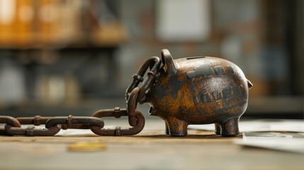 Fototapeta premium A heavy metal chain is tightly wrapped around a piggy bank, with the chain appearing rusty and old, symbolizing financial debt and constraint. The piggy bank, a classic ceramic design with a coin