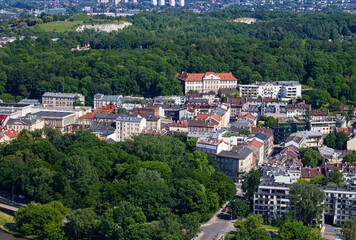 Fototapeta premium Panorama of Krakow, Poland as seen from Balon Widokowy, observation viewing platform on tethered balloon