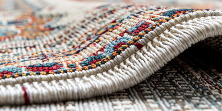 Close-up of classic Persian rug with intricate traditional pattern and a white fringe