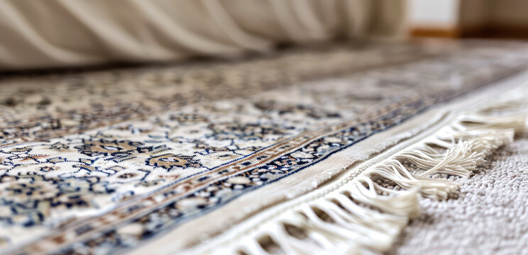 Close-up of classic Persian rug with intricate traditional pattern and a white fringe - Powered by Adobe