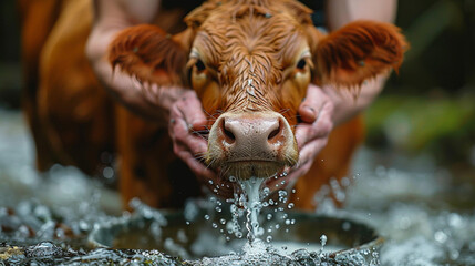 Obraz premium A person is holding a cow's nose and pouring water into a bowl