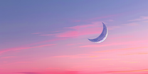 Creative minimalistic background with waxing crescent moon in sky. Copy space, simple wallpaper.