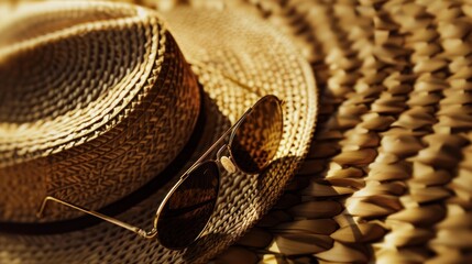 Wide-brim hat and aviator sunglasses on woven texture.