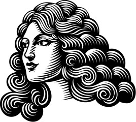 A woman head or face, an original illustration in a vintage woodcut style.