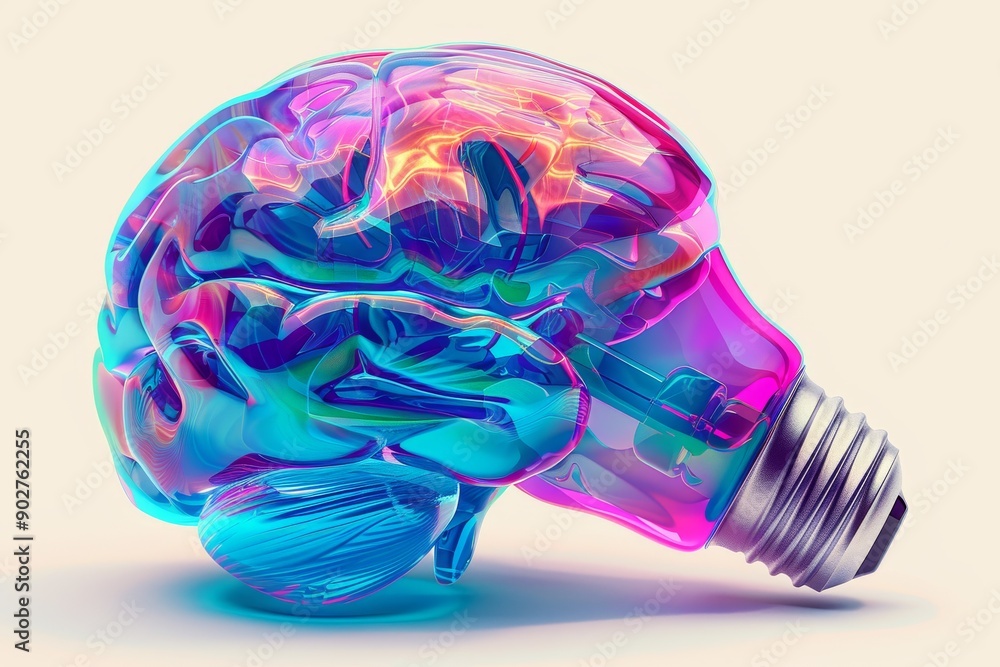 Poster vibrant brain shaped lightbulb with colorful swirls representing creativity and innovation in a mode