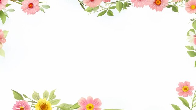 White background with pink flower border. Flowers are pink and yellow. Flowers are arranged in way that they look like they are growing out of frame