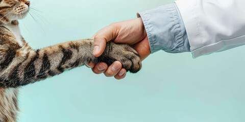 Veterinarian doctor hand holds a cat's paw on colored background. A man shaking hands with a cat
