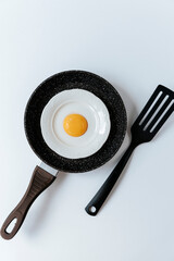in a frying pan a plate and a raw yolk in the shape of an omelet, next to a black spatula on a white background