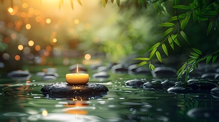 Bright zen garden, floating candle on black stones, bamboo leaves, calm water reflection, serene atmosphere, vivid green background,, ethereal lighting, spa ambiance.