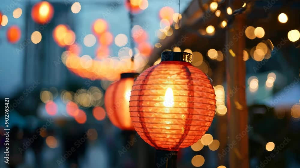 Poster group of red lanterns hanging from building. lanterns are lit up and create warm, inviting atmospher