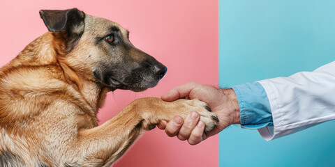 Veterinarian doctor hand holds a dog's paw on colored background. A man shaking hands with a dog