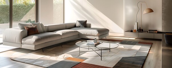 A contemporary living room with a minimalist design featuring a sleek gray sofa a glass coffee table and a geometric rug The room is illuminated by natural light from large windows