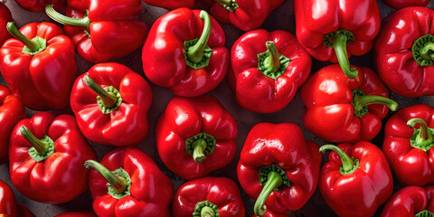 A collection of fresh, shiny red bell peppers displayed closely together, highlighting their vibrant color and texture.