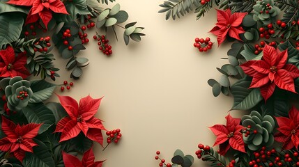 Christmas floral arrangement, poinsettia flowers, pine branches, red berries, eucalyptus leaves, festive corner decoration, cream-colored background holiday design element.