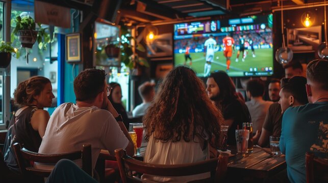 Football fans in a bar watch the match on TV while drinking cocktails and beer.