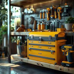 Fototapeta premium Handyman's Delight: Functional Yellow Tool Kit with Convenient Roll-Up Closure