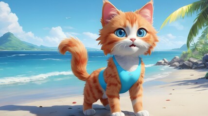 cartoon cat on the beach, cute beach scene with cartoon cat and ocean view