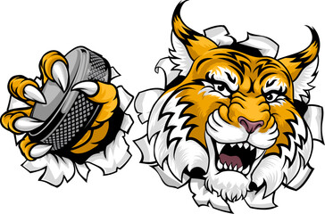 A wildcat or bobcat ice hockey team cartoon animal sports mascot