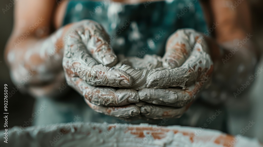 Poster hands delicately molding clay with precision, capturing the gentle and meditative process of creatin