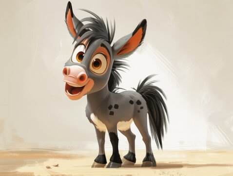 Cheerful Cartoon Donkey With Big Eyes Standing Happily On A Light Background