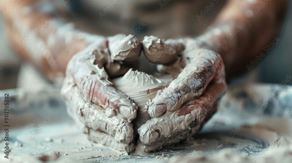Poster artisan hands actively engaging with moist clay on the potter’s wheel, showcasing the intricate and 