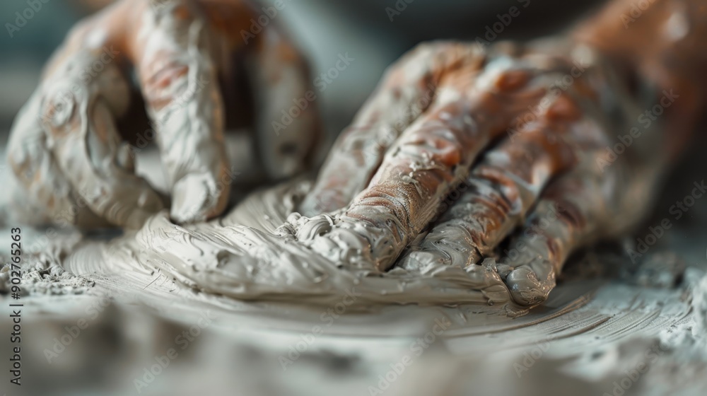 Poster close-up view of hands spreading clay on a surface as part of an artistic pottery-making process, ca