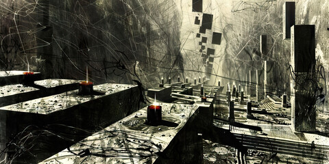 The Forsaken Crypt: A crumbling tomb filled with dusty coffins and flickering candles