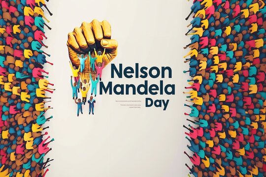The Nelson Mandela International Day flyer has an iron fist with the tagline and an unoccupied spot in the centre of the design, Generative AI. - Powered by Adobe