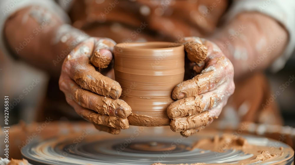 Poster an image capturing skillful hands covered in clay as they shape a pot on a pottery wheel, highlighti