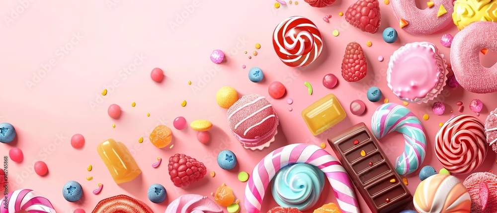 Poster a realistic art for an ad involving multicoloured confectionery in an animated style, a notion of se