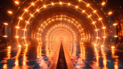 Illuminated tunnel, curved rows of golden lights, reflective wet floor, futuristic architecture, infinity perspective, symmetrical composition, warm orange glow, sci-fi atmosphere.