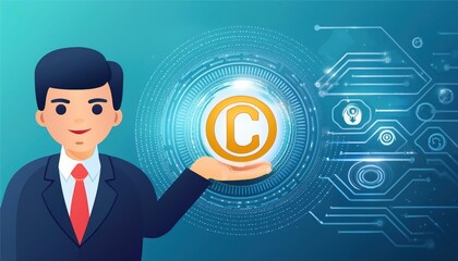 igital copyright, patent concept. Businessman hold digital icons representing copyright,
