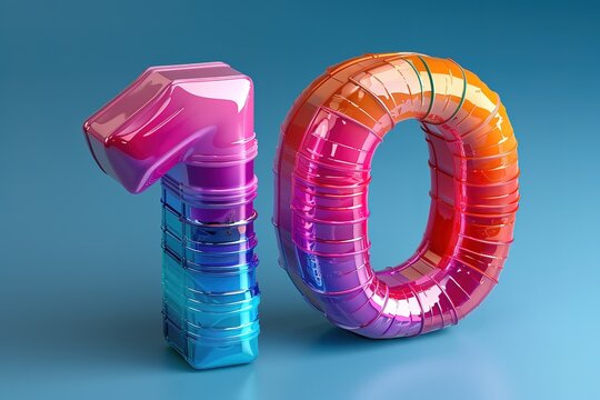 A colorful balloon number 10 is floating on a blue background