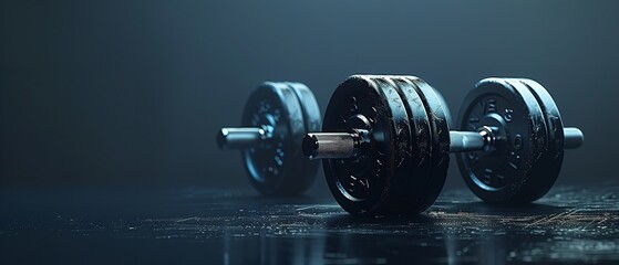 Gymnasium dumbbells composed of smoothed titanium with an enormous content space for writing are isolated above an ordinary dark backdrop, Generative AI.