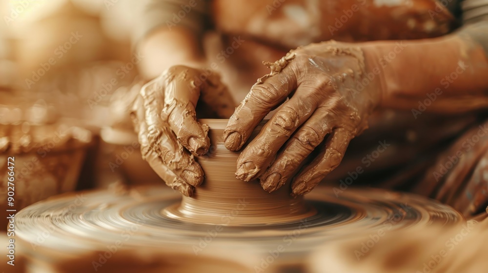 Poster hands expertly shape a clay pot on a pottery wheel, emphasizing the precise movements and attention 