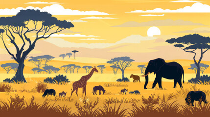 Obraz premium A group of animals are walking through a savanna, including elephants, giraffes